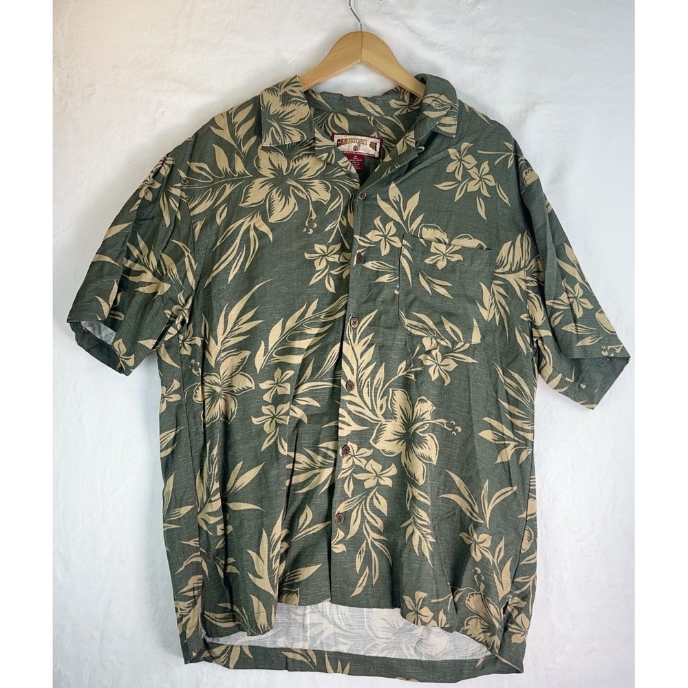 Caribbean Joe Mens Short Sleeve Hawaiian Shirt Tan Green Floral Medium Rayon